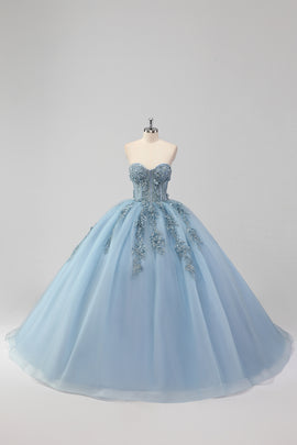 Sparkly Grey Blue Ball Gown Sweetheart Corset Quinceanera Dress with Appliques