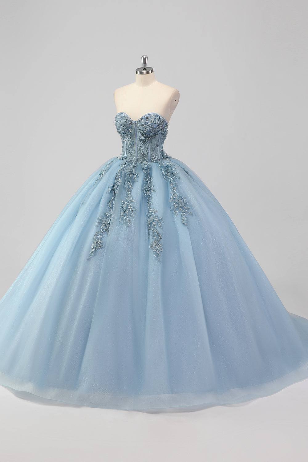 Sparkly Grey Blue Ball Gown Sweetheart Corset Quinceanera Dress with Appliques