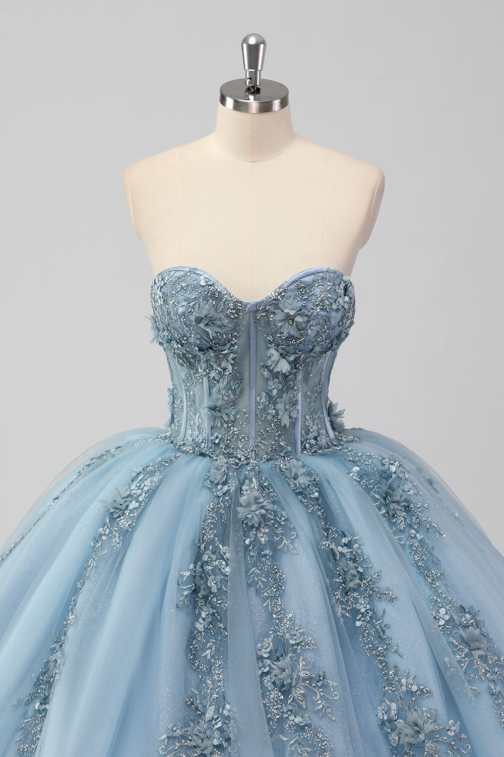 Sparkly Grey Blue Ball Gown Sweetheart Corset Quinceanera Dress with Appliques