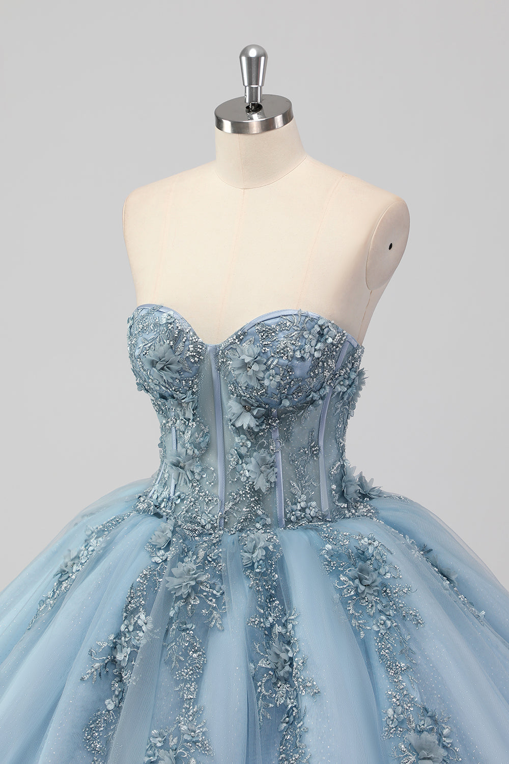 Sparkly Grey Blue Ball Gown Sweetheart Corset Quinceanera Dress with Appliques