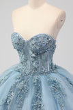 Sparkly Grey Blue Ball Gown Sweetheart Corset Quinceanera Dress with Appliques