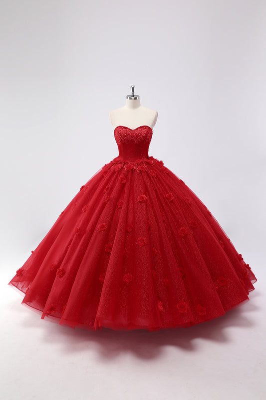 Princess Red Ball Gown Sweetheart Tulle Quinceanera Dress with Lace