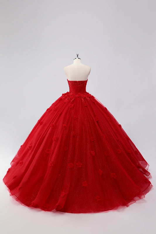 Princess Red Ball Gown Sweetheart Tulle Quinceanera Dress with Lace