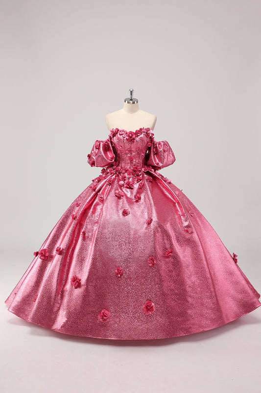 Fuchsia Ball Gown Corset Quinceanera Dress with 3D Flowers