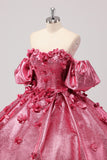 Fuchsia Ball Gown Corset Quinceanera Dress with 3D Flowers