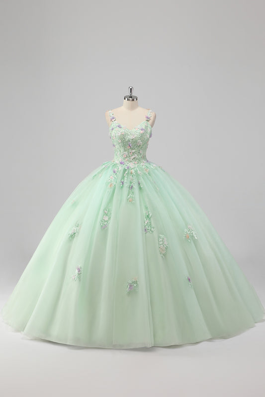 Green Appliqued Tulle Ball Gown Quinceanera Dress with 3D Flowers