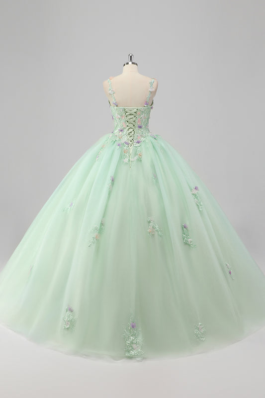 Green Appliqued Tulle Ball Gown Quinceanera Dress with 3D Flowers