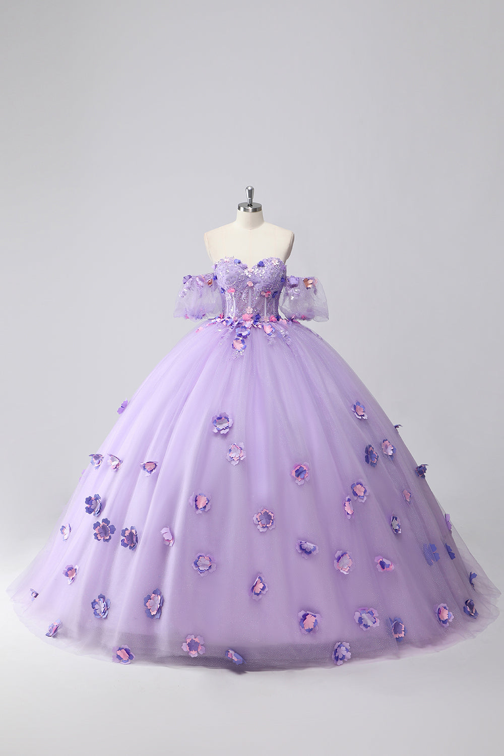 Sparkly Lilac Sweetheart Corset Ball Gown Quinceanera Dress with 3D Flowers