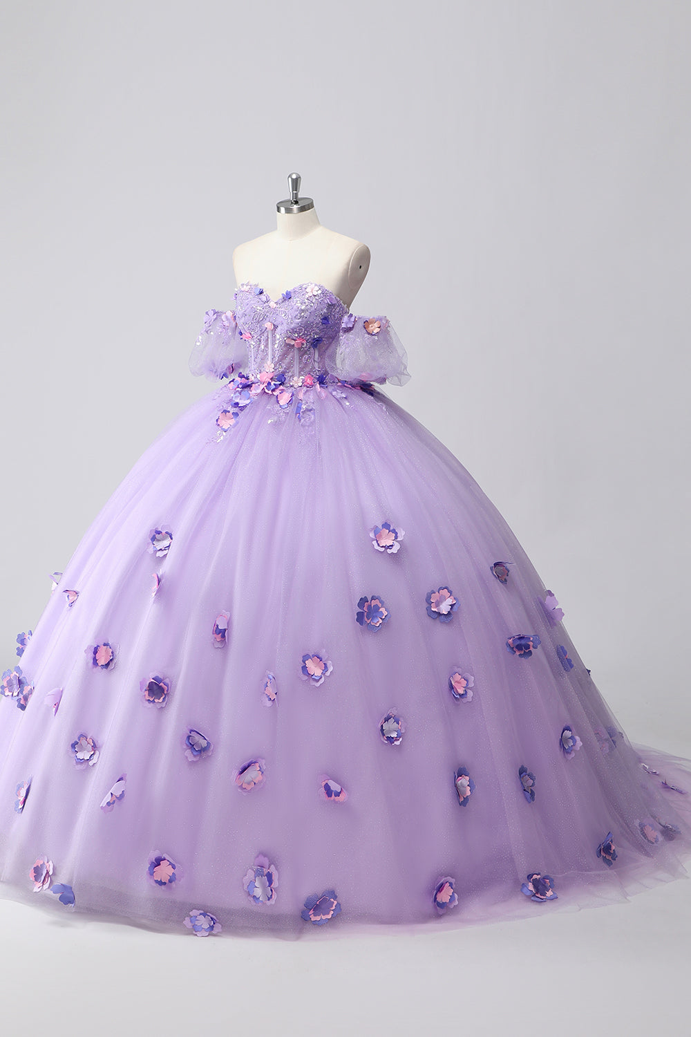 Sparkly Lilac Sweetheart Corset Ball Gown Quinceanera Dress with 3D Flowers