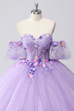 Sparkly Lilac Sweetheart Corset Ball Gown Quinceanera Dress with 3D Flowers