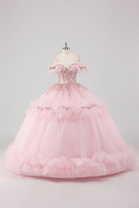 Blush Cold Shoulder Corset Ball Gown Quinceanera Dress with Ruffles