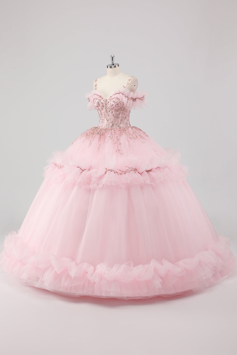 Blush Cold Shoulder Corset Ball Gown Quinceanera Dress with Ruffles