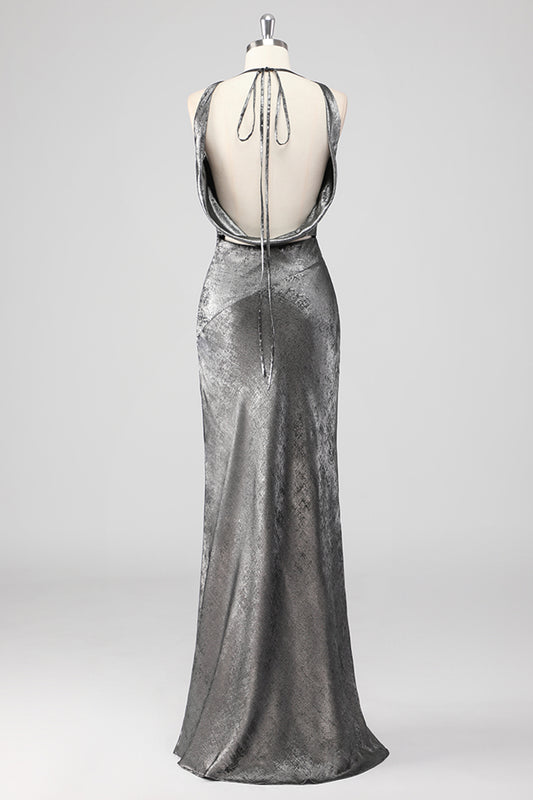 Silver Grey Sheath Swing Collar Floor Length Formal Dress