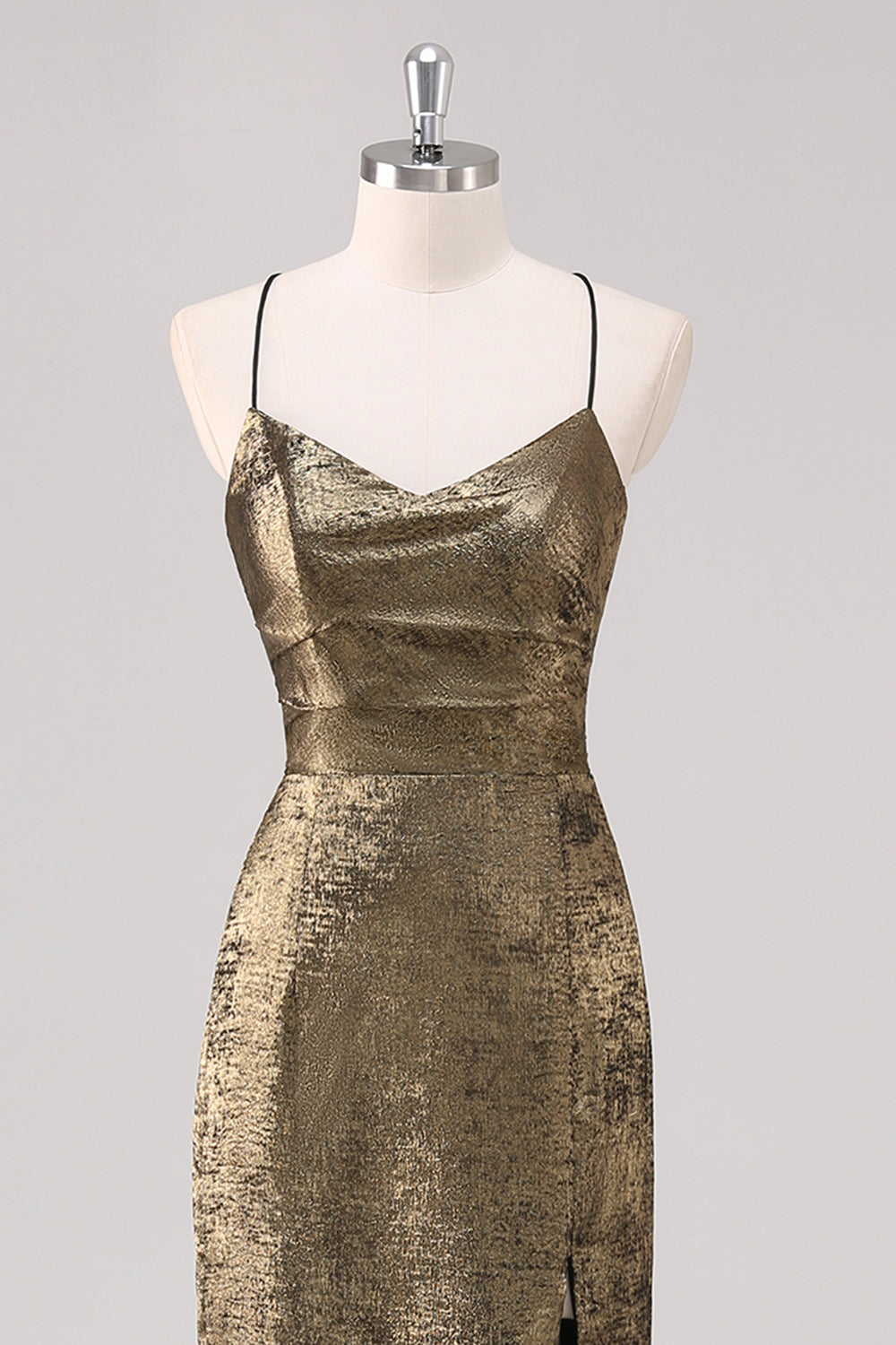 Sheath Metallic Black Gold Spaghetti Straps Formal Dress with Slit