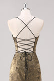 Sheath Metallic Black Gold Spaghetti Straps Formal Dress with Slit