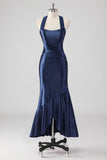 Navy Mermaid Satin Ankle Length Formal Dress