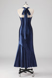 Navy Mermaid Satin Ankle Length Formal Dress