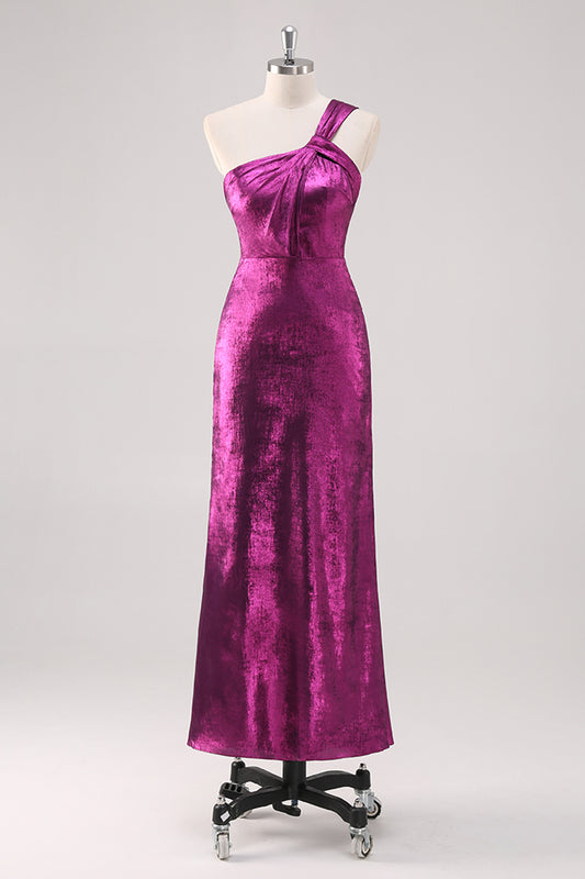 Fuchsia One Shoulder Sheath Metallic Formal Dress