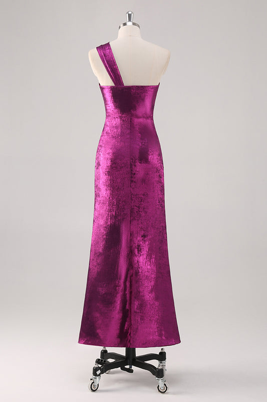 Fuchsia One Shoulder Sheath Metallic Formal Dress