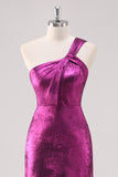 Fuchsia One Shoulder Sheath Metallic Formal Dress