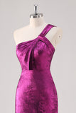 Fuchsia One Shoulder Sheath Metallic Formal Dress