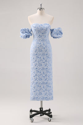 Blue Floral Tea Length Formal Dress with Puff Sleeves