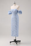 Blue Floral Tea Length Formal Dress with Puff Sleeves