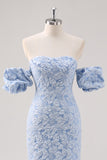 Blue Floral Tea Length Formal Dress with Puff Sleeves