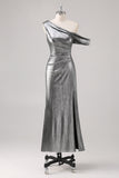 Silver Black Sheath One Shoulder Metallic Formal Dress with Slit