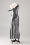 Silver Black Sheath One Shoulder Metallic Formal Dress with Slit