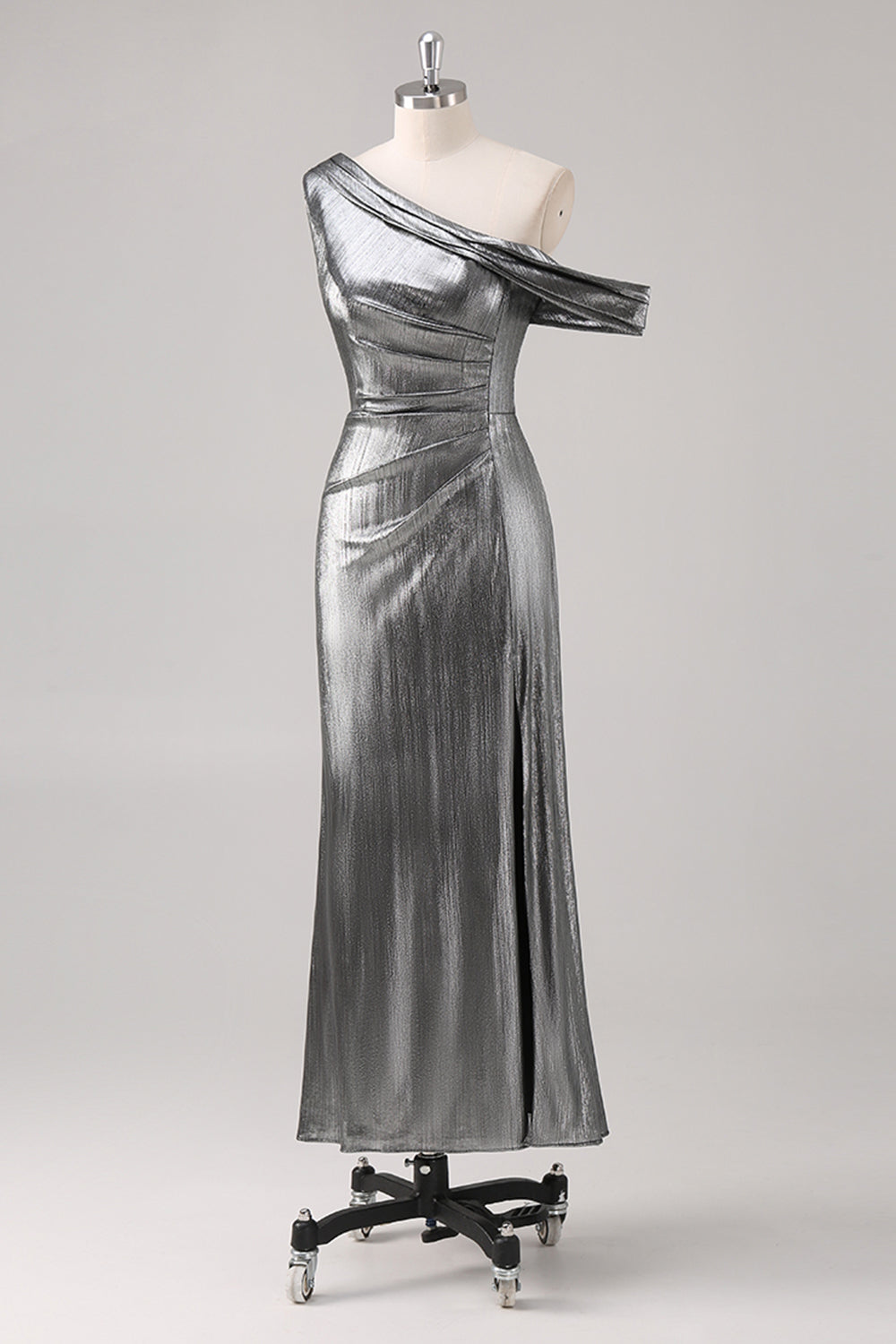 Silver Black Sheath One Shoulder Metallic Formal Dress with Slit