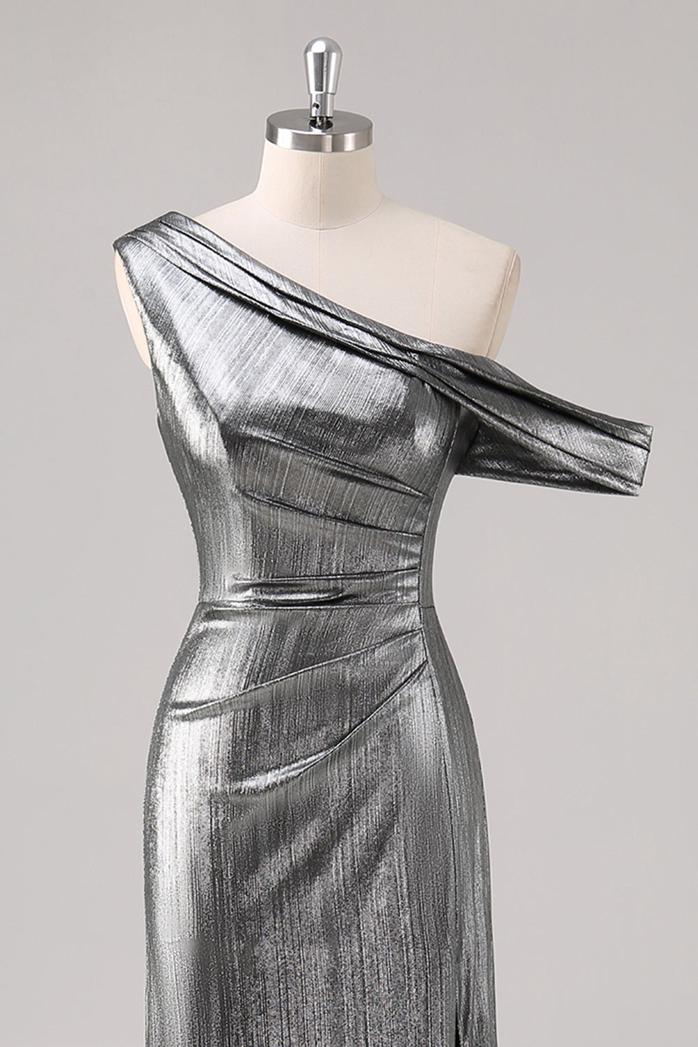 Silver Black Sheath One Shoulder Metallic Formal Dress with Slit