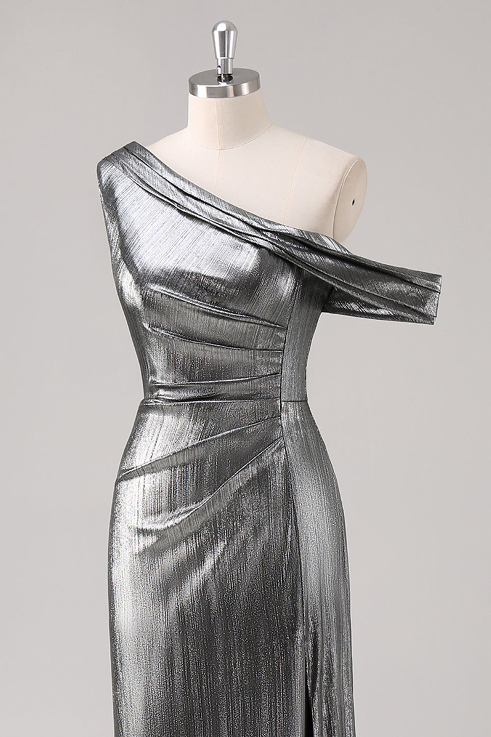 Silver Black Sheath One Shoulder Metallic Formal Dress with Slit