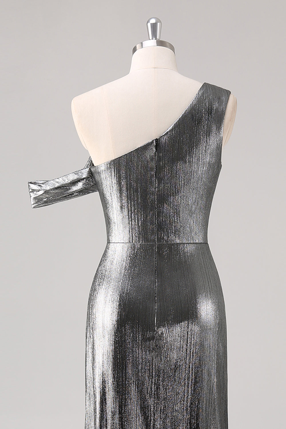 Silver Black Sheath One Shoulder Metallic Formal Dress with Slit