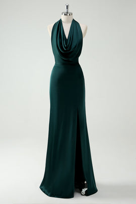 Halter Neck Pine Green Mermaid Long Bridesmaid Dress with Slit