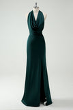 Halter Neck Pine Green Mermaid Long Bridesmaid Dress with Slit