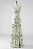 Green Floral Mermaid Halter Long Bridesmaid Dress with Slit