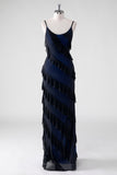 Black Blue Sheath Ruffled Spaghetti Straps Long Bridesmaid Dress