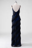 Black Blue Sheath Ruffled Spaghetti Straps Long Bridesmaid Dress