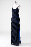 Black Blue Sheath Ruffled Spaghetti Straps Long Bridesmaid Dress