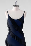 Black Blue Sheath Ruffled Spaghetti Straps Long Bridesmaid Dress