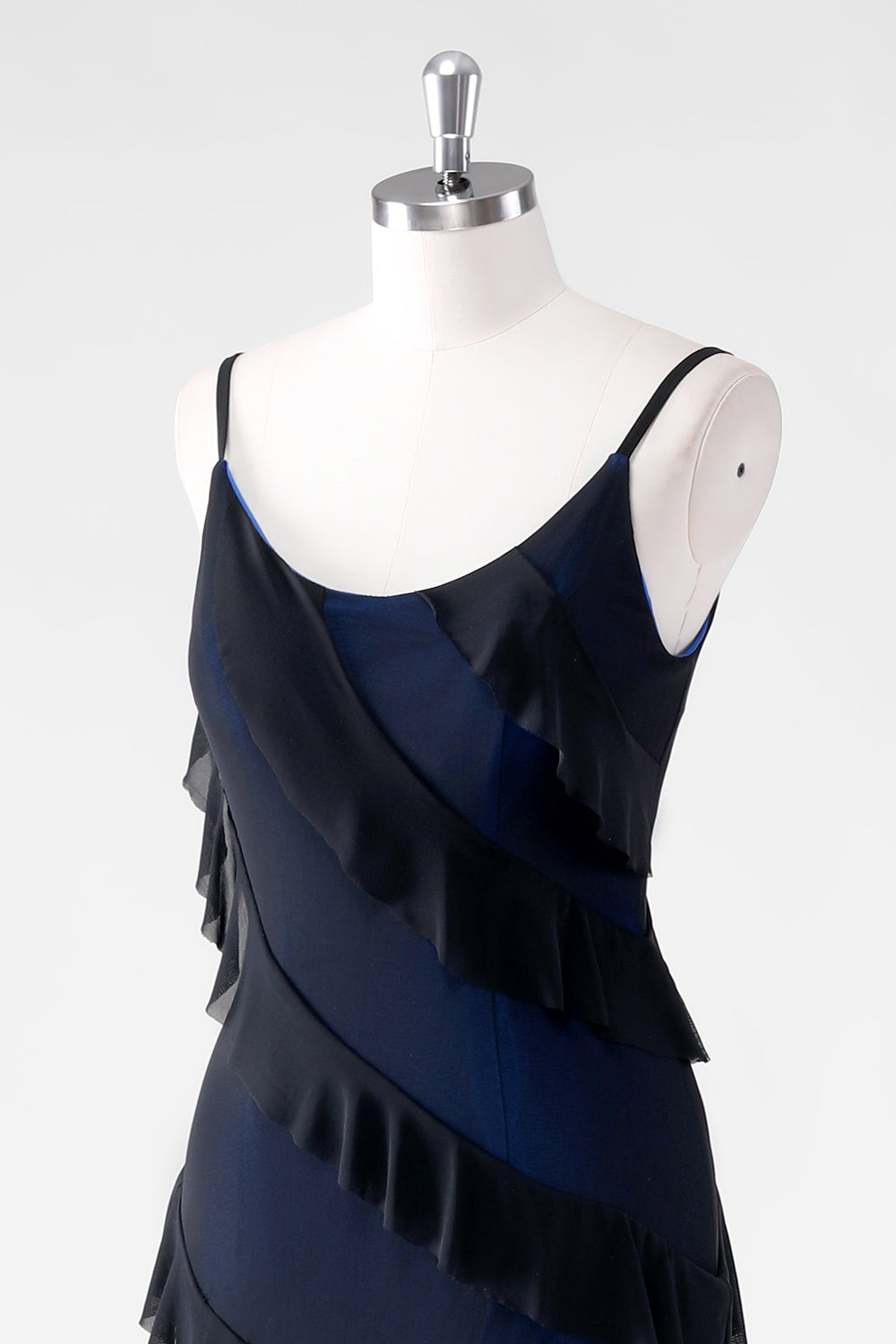 Black Blue Sheath Ruffled Spaghetti Straps Long Bridesmaid Dress