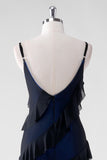 Black Blue Sheath Ruffled Spaghetti Straps Long Bridesmaid Dress