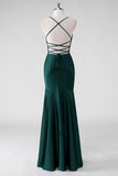 Pine Satin Mermaid Spaghetti Straps Long Bridesmaid Dress with Slit