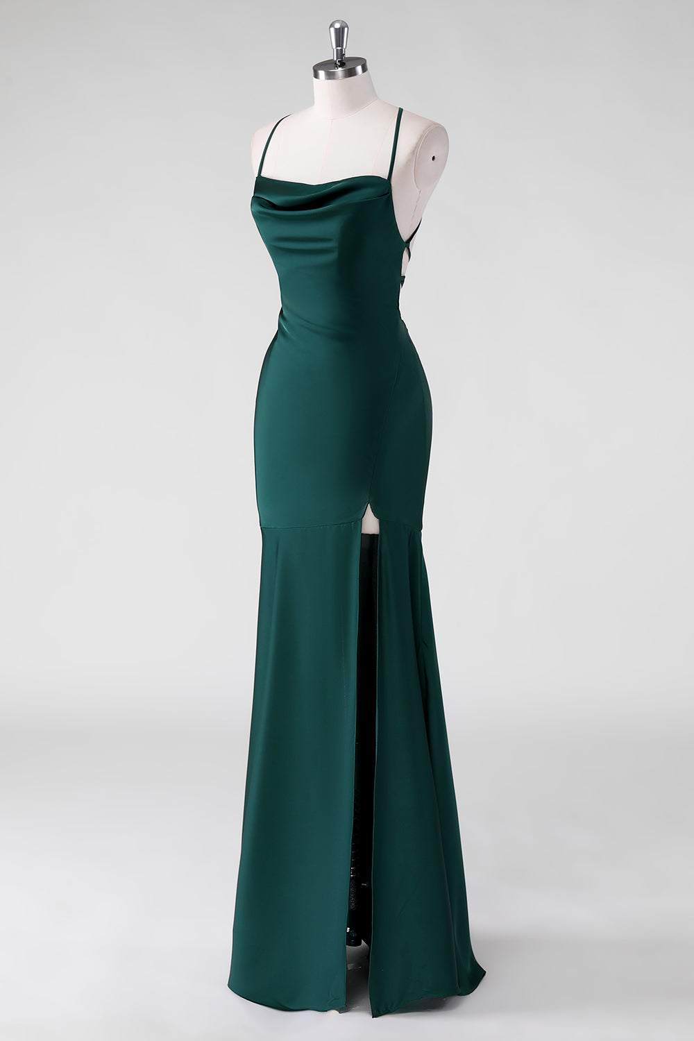 Pine Satin Mermaid Spaghetti Straps Long Bridesmaid Dress with Slit