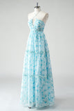 Blue Floral Ruched A Line Long Bridesmaid Dress