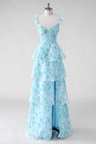 Blue Floral Corset A Line Ruffled Long Bridesmaid Dress with Slit