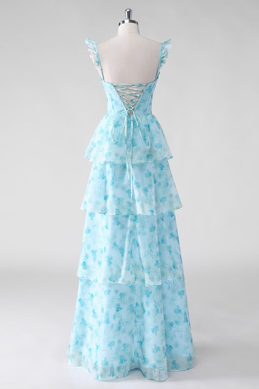 Blue Floral Corset A Line Ruffled Long Bridesmaid Dress with Slit