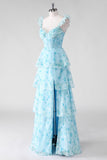 Blue Floral Corset A Line Ruffled Long Bridesmaid Dress with Slit