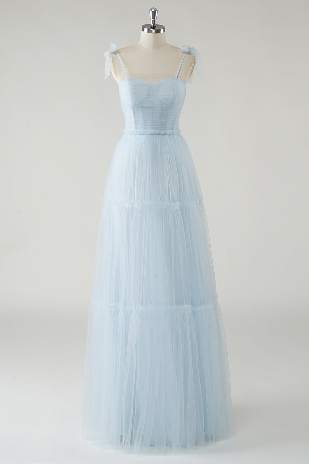 A-Line Bow Tie Straps Sky Blue Tulle Long Bridesmaid Dress